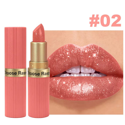 Labial aterciopelado rosa nacarado con purpurina metálica,