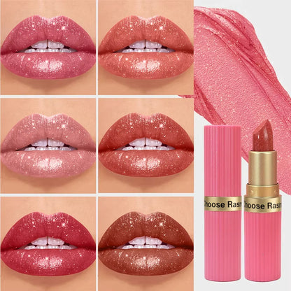 Labial aterciopelado rosa nacarado con purpurina metálica,