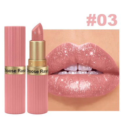 Labial aterciopelado rosa nacarado con purpurina metálica,