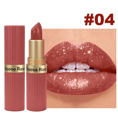 Labial aterciopelado rosa nacarado con purpurina metálica,