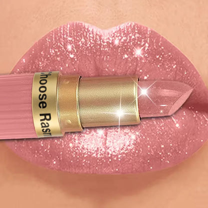 Labial aterciopelado rosa nacarado con purpurina metálica,