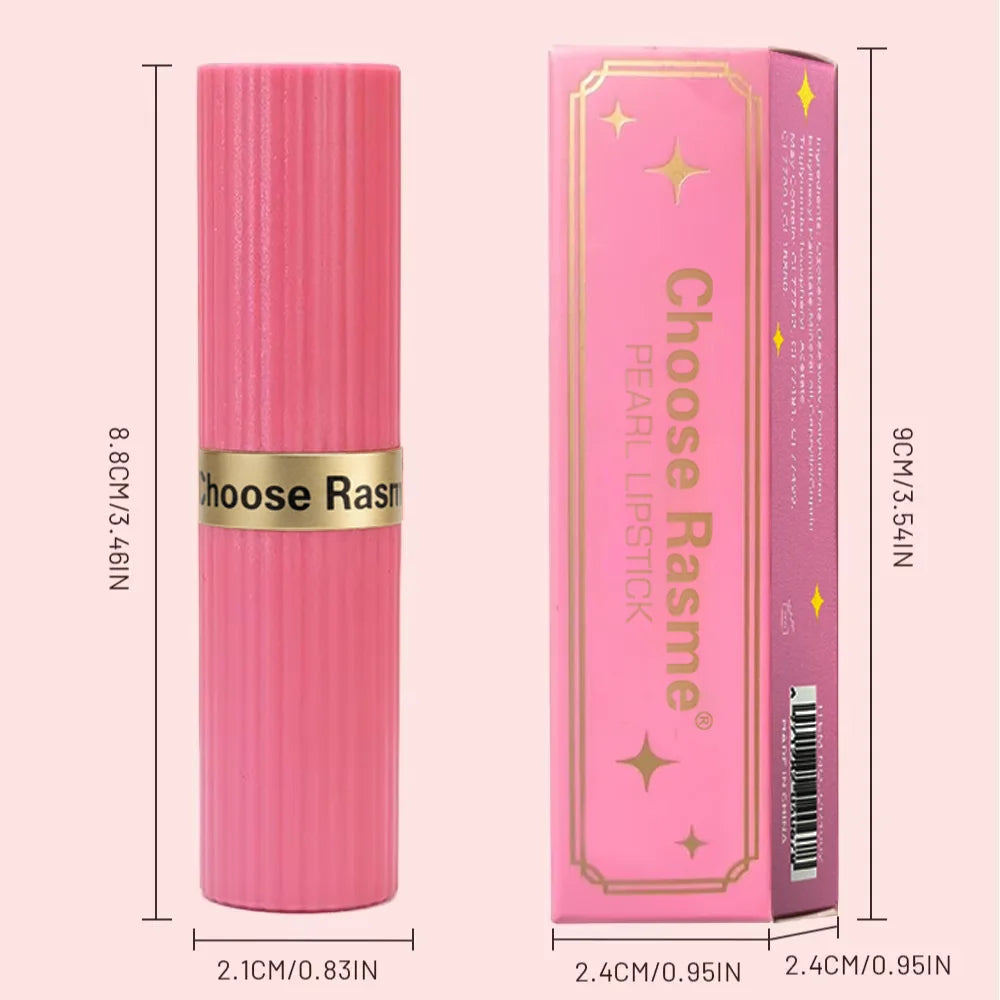 Labial aterciopelado rosa nacarado con purpurina metálica,