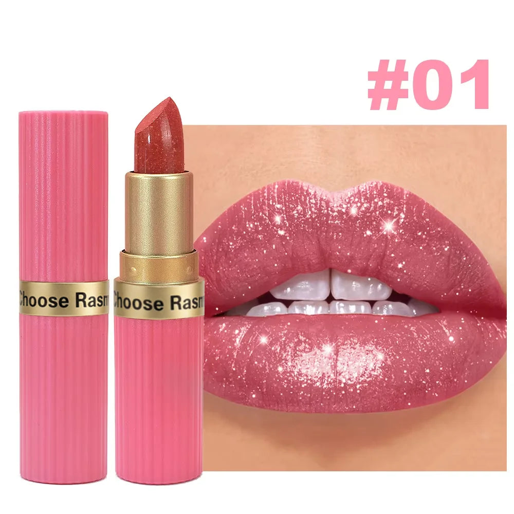 Labial aterciopelado rosa nacarado con purpurina metálica,